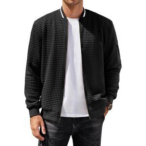 Men's Sweatshirt Bomber Jacket Black Casual Zip Up Waffle Knit Lightweight